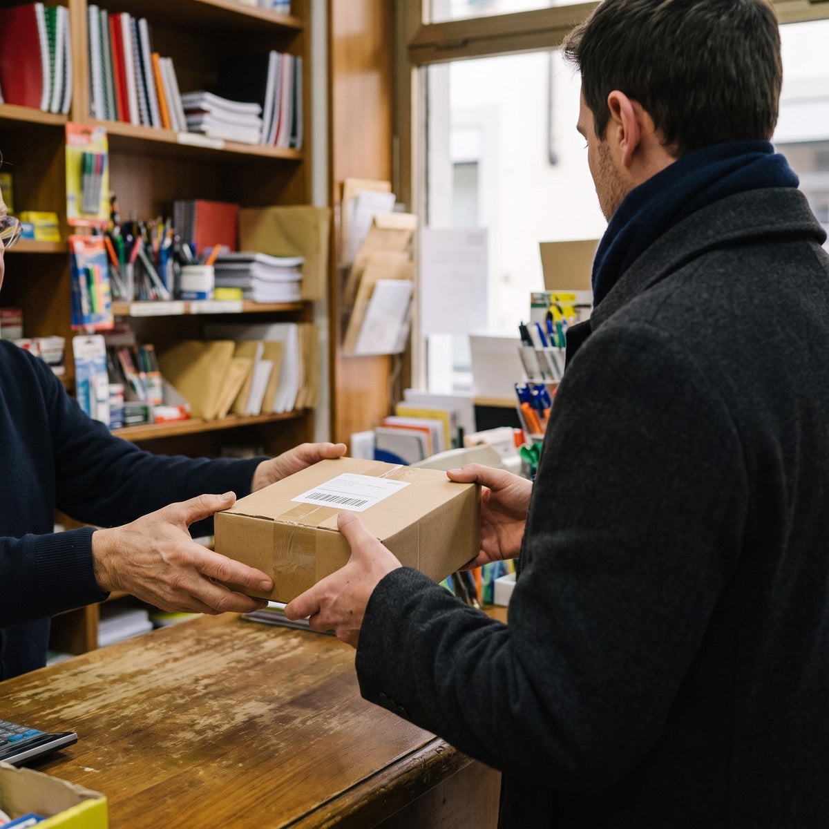 Cliente consegna il pacco con gli occhiali al banco di un Punto GLS